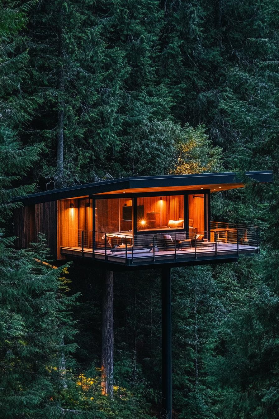 modern mountain forest cabin on stilts overlooking evergreen treetops of lush forest 1