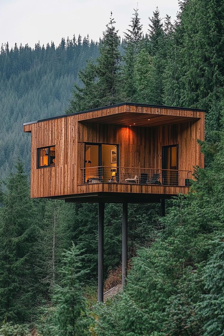 modern mountain forest cabin on stilts overlooking evergreen treetops of lush forest 2