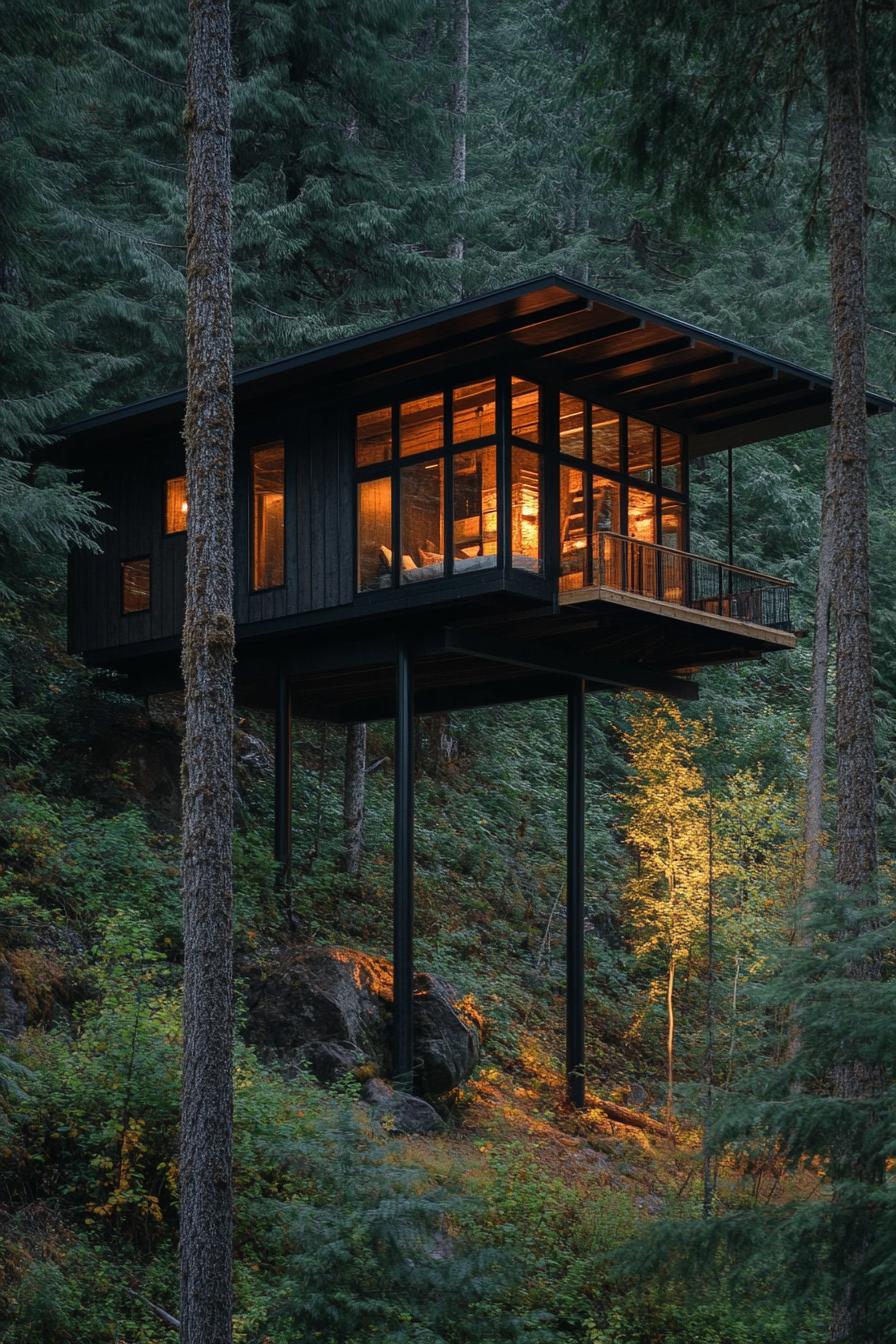 modern mountain forest cabin on stilts overlooking evergreen treetops of lush forest 3