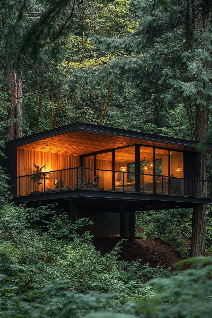 modern mountain forest cabin on stilts overlooking evergreen treetops of lush forest