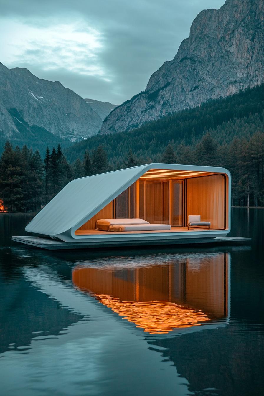 modern prefab pod floating on a lake surrounded by majestic mountains 1