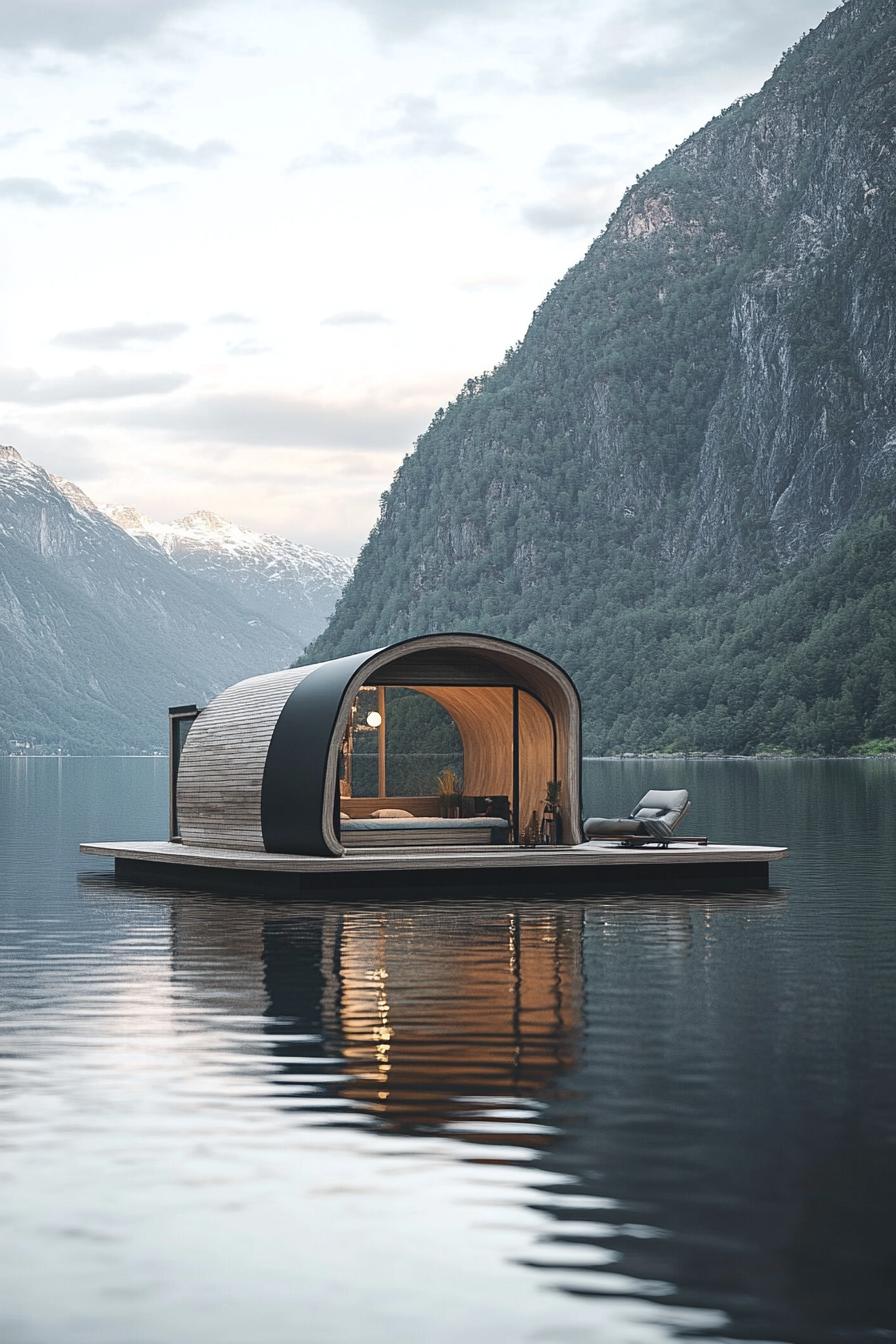 modern prefab pod floating on a lake surrounded by majestic mountains 2