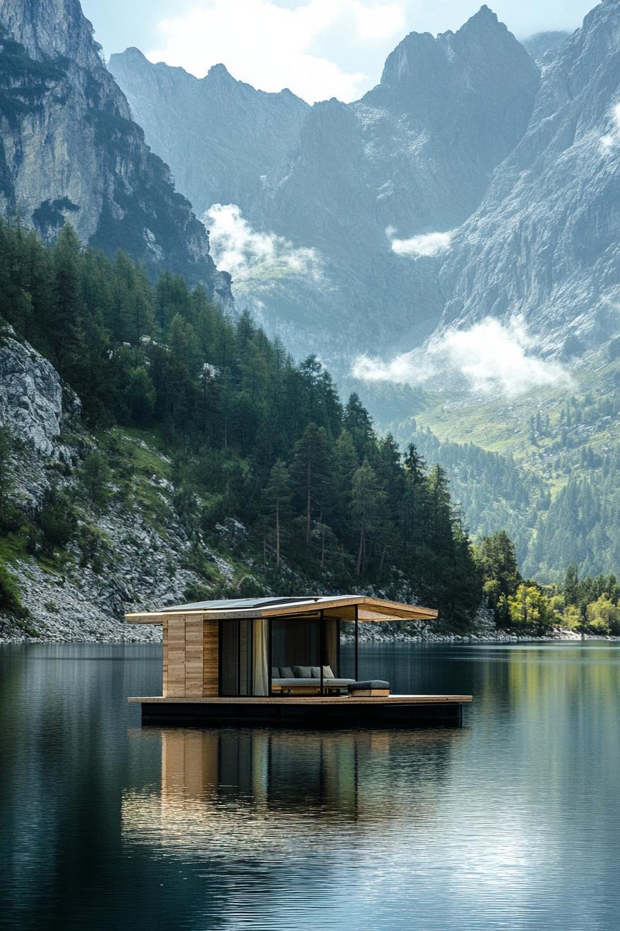 modern prefab pod floating on a lake surrounded by majestic mountains 3