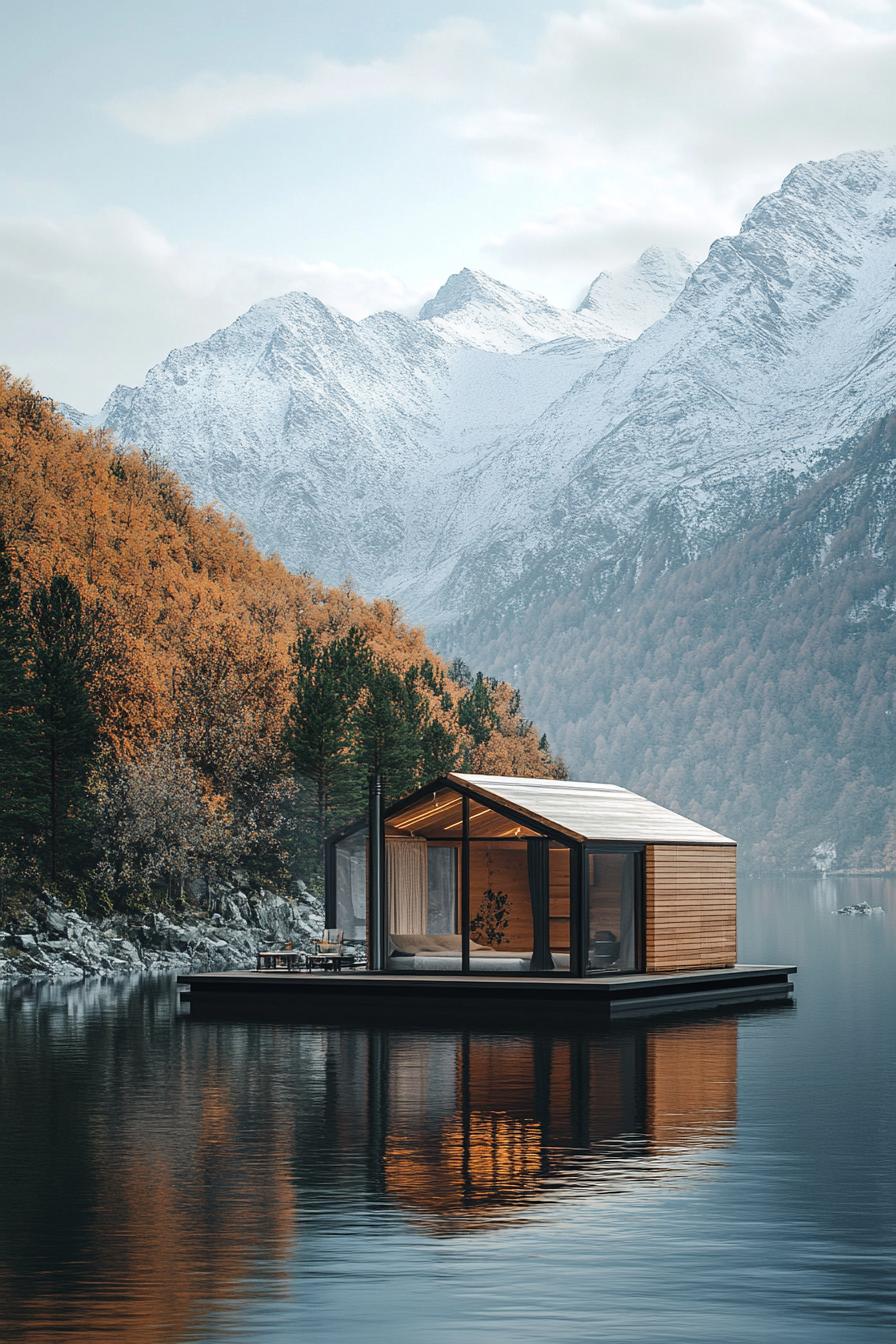 modern prefab pod floating on a lake surrounded by majestic mountains