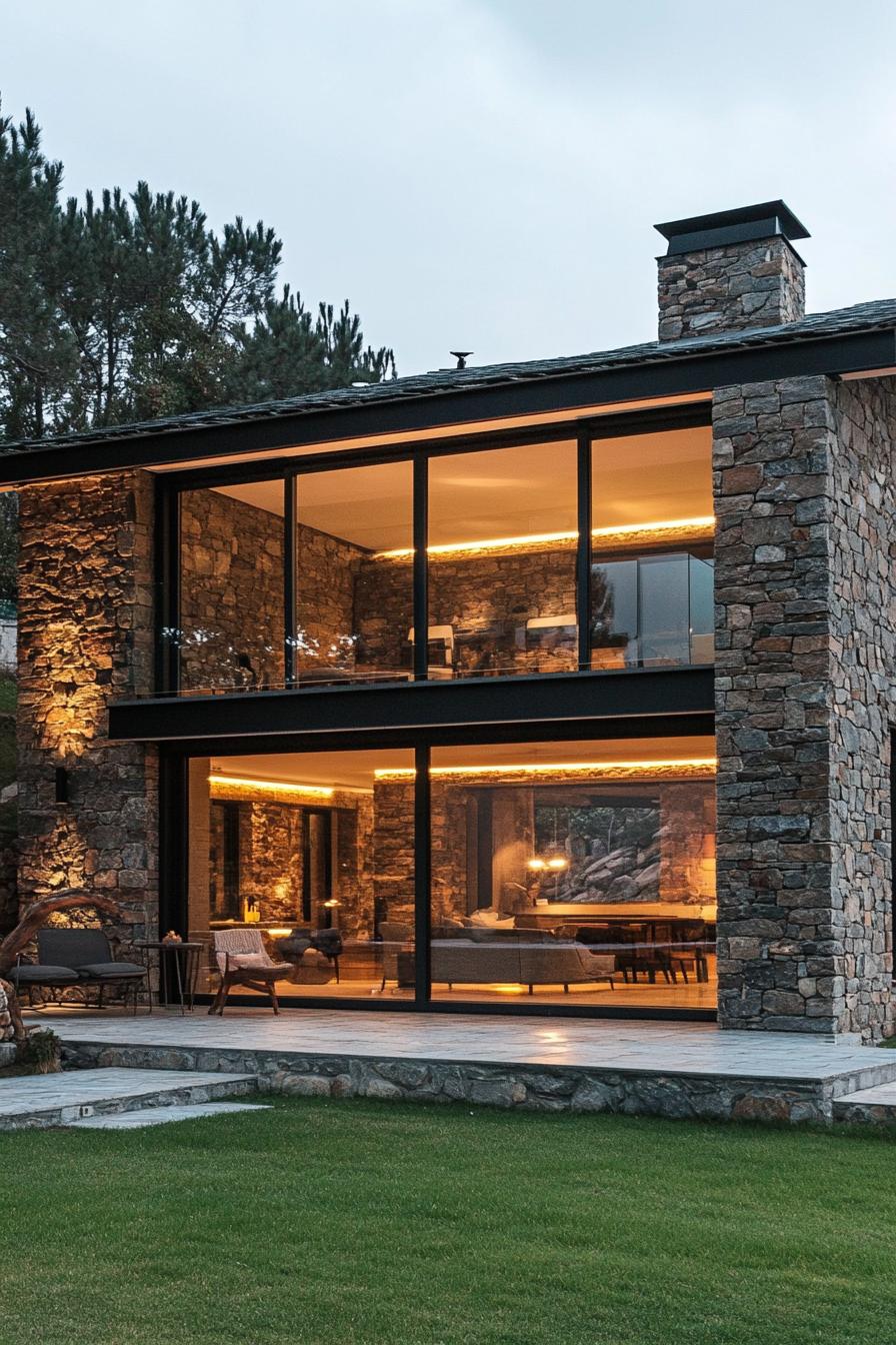 modern rural house stone facade with large glass windows 1