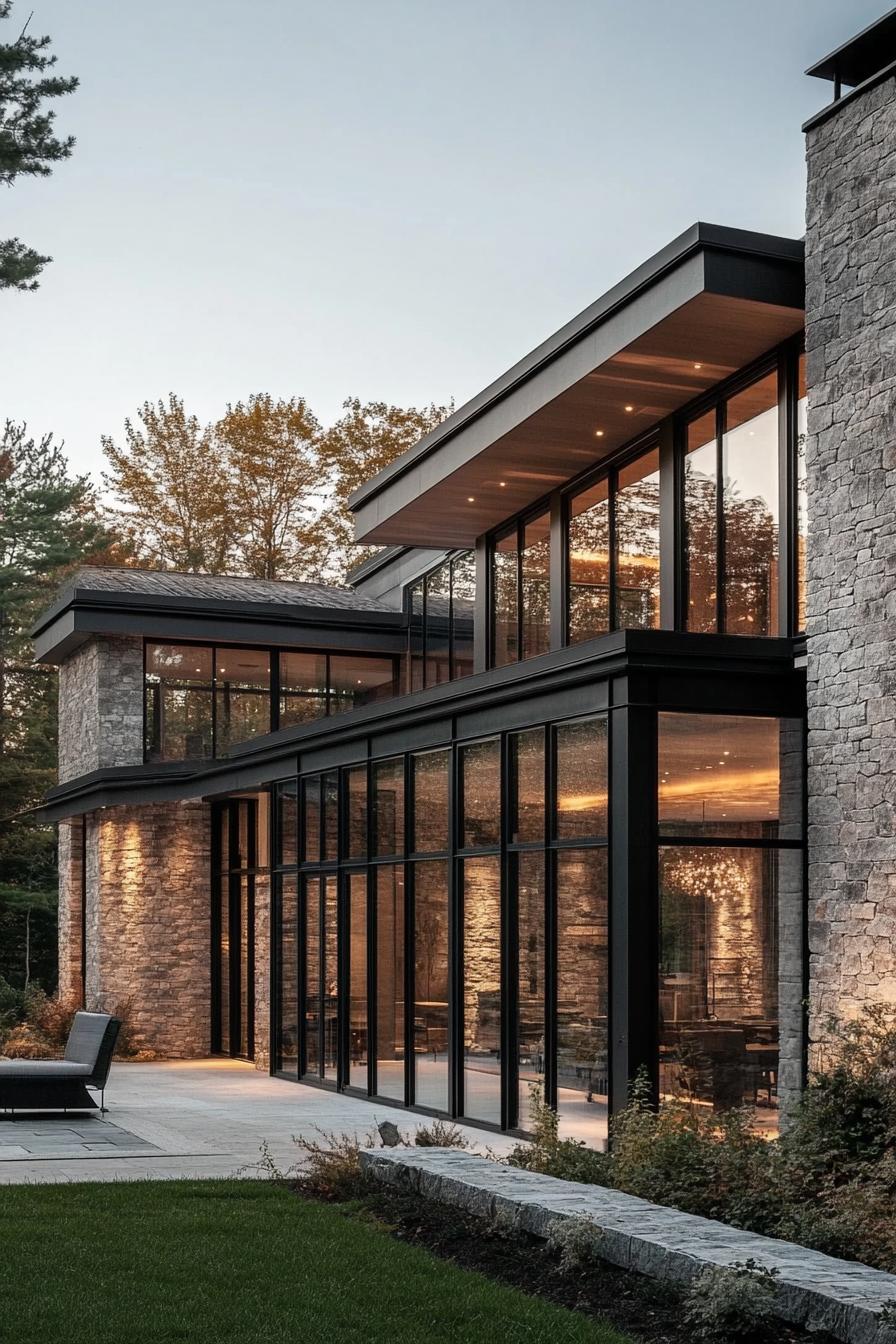 modern rural house stone facade with large glass windows 2