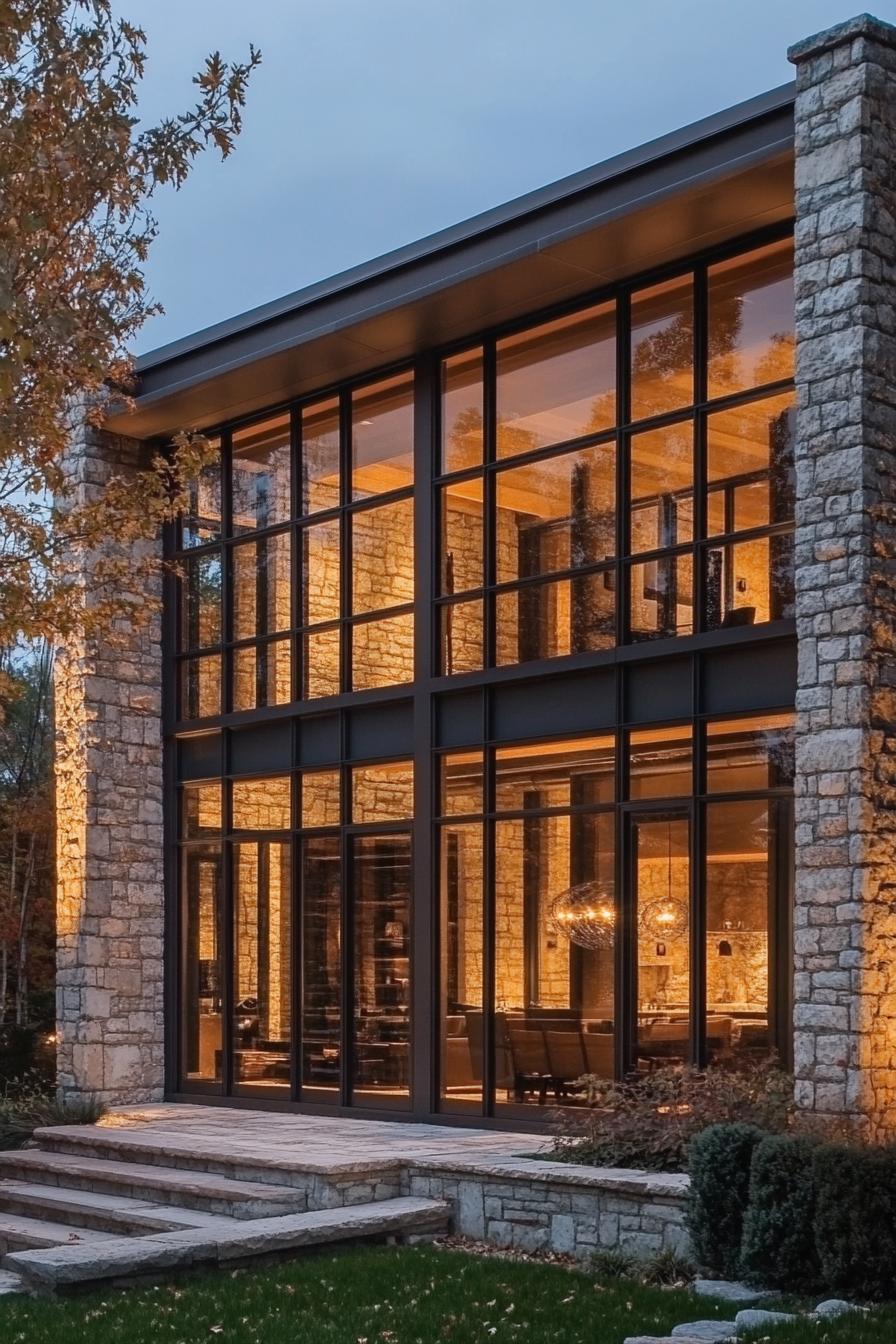 modern rural house stone facade with large glass windows 3