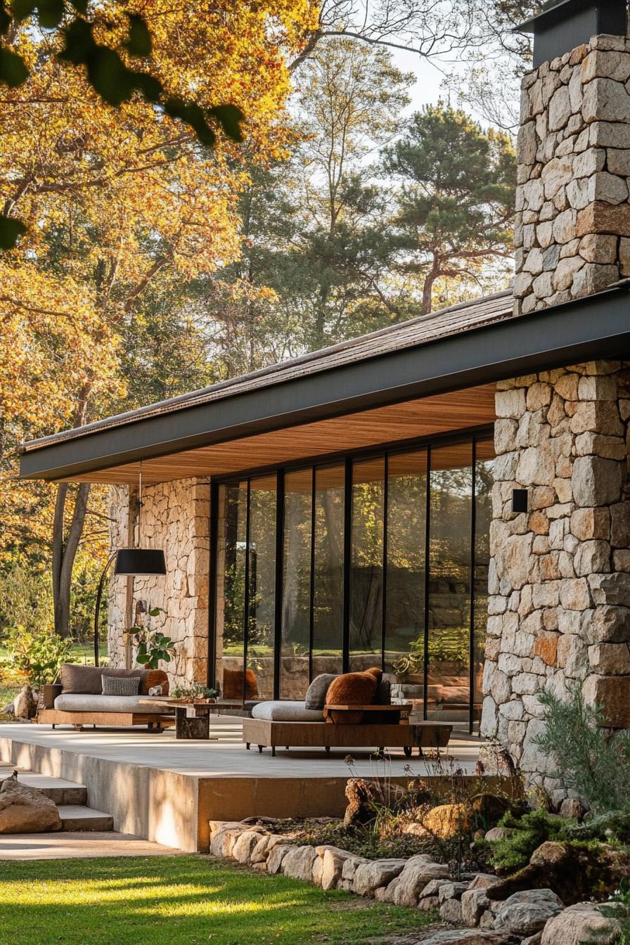 modern rural house stone facade with large glass windows