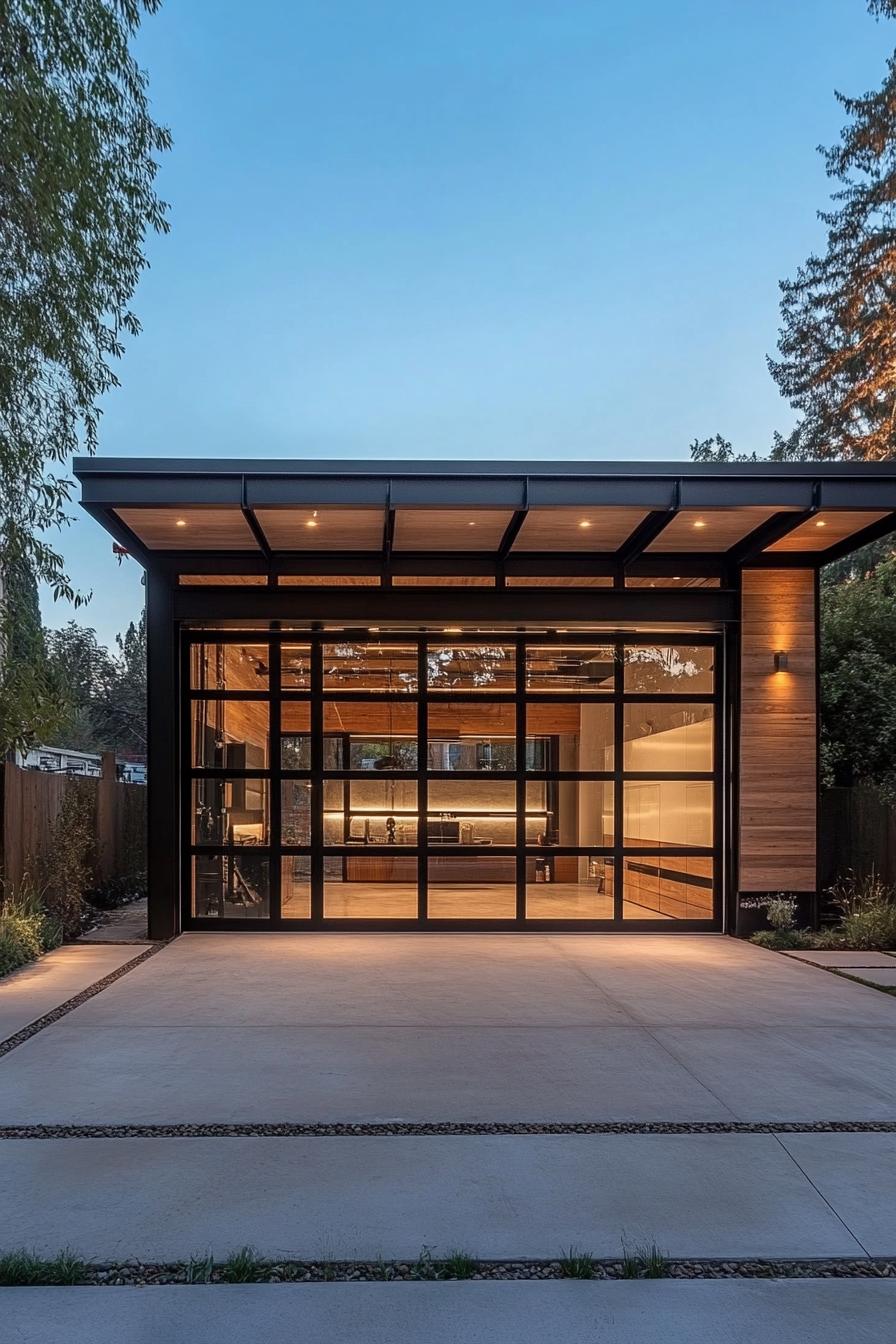 modern separate garage unit with glass doors in a modern yard with aesthetic urban views