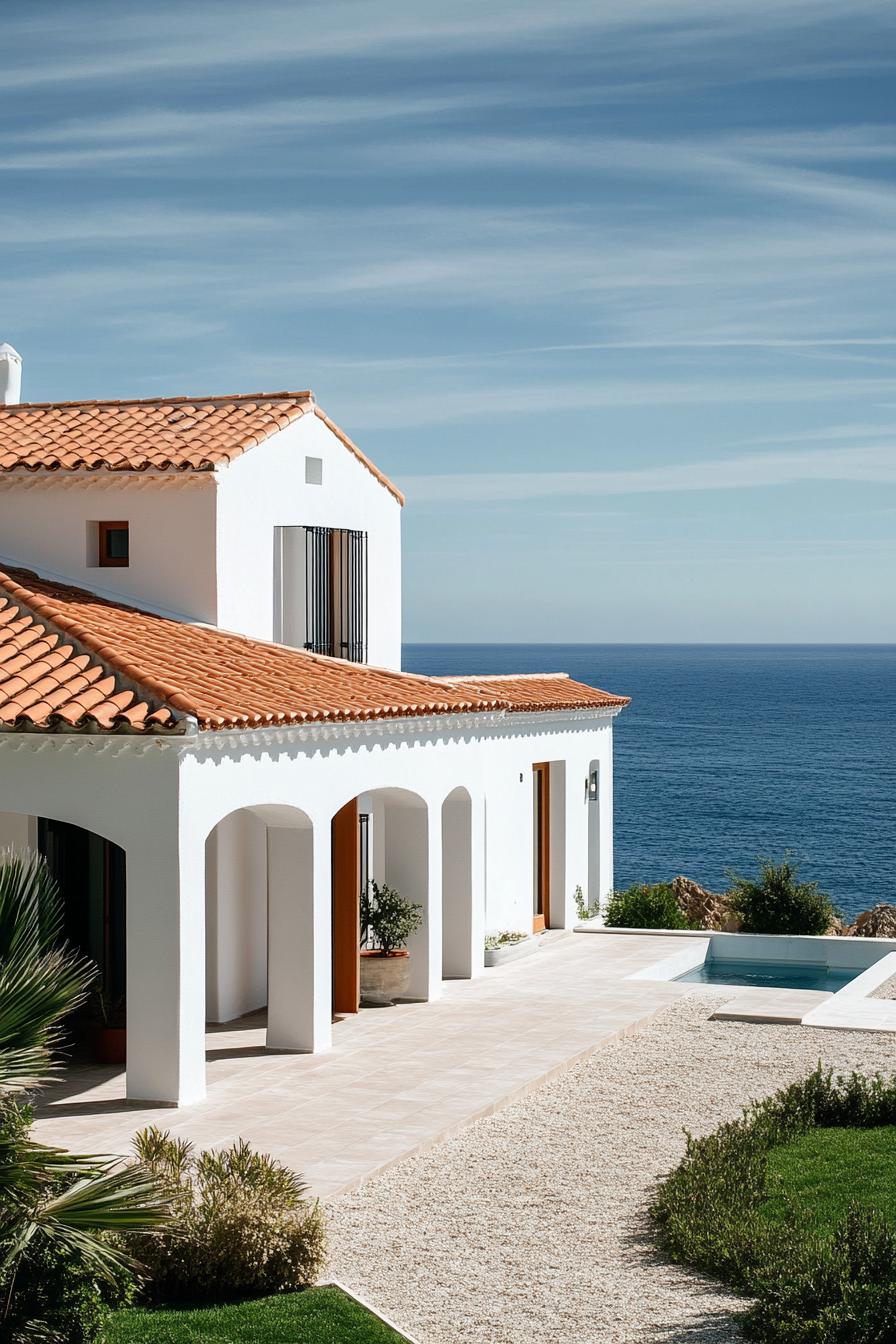 modern spanish villa with terracotta roof tiles on seashore