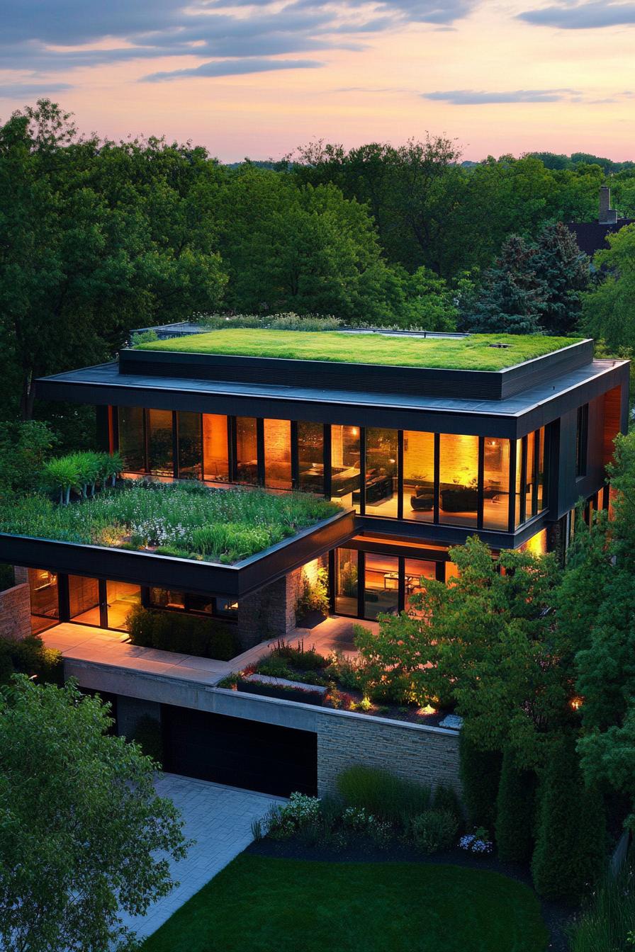 modern suburban mansion with green living roof