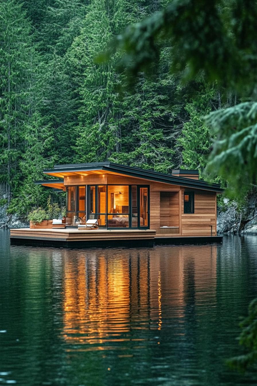 modern timber floating cabin house on a lake surrounded by lush pine forest 1