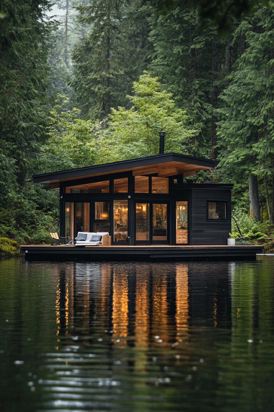 modern timber floating cabin house on a lake surrounded by lush pine forest 2