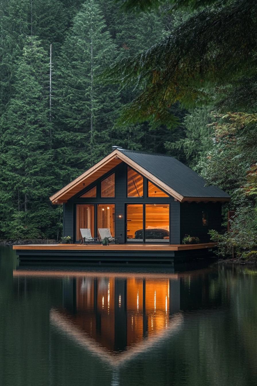 modern timber floating cabin house on a lake surrounded by lush pine forest 3