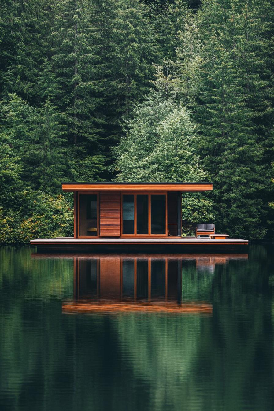 modern timber floating cabin house on a lake surrounded by lush pine forest