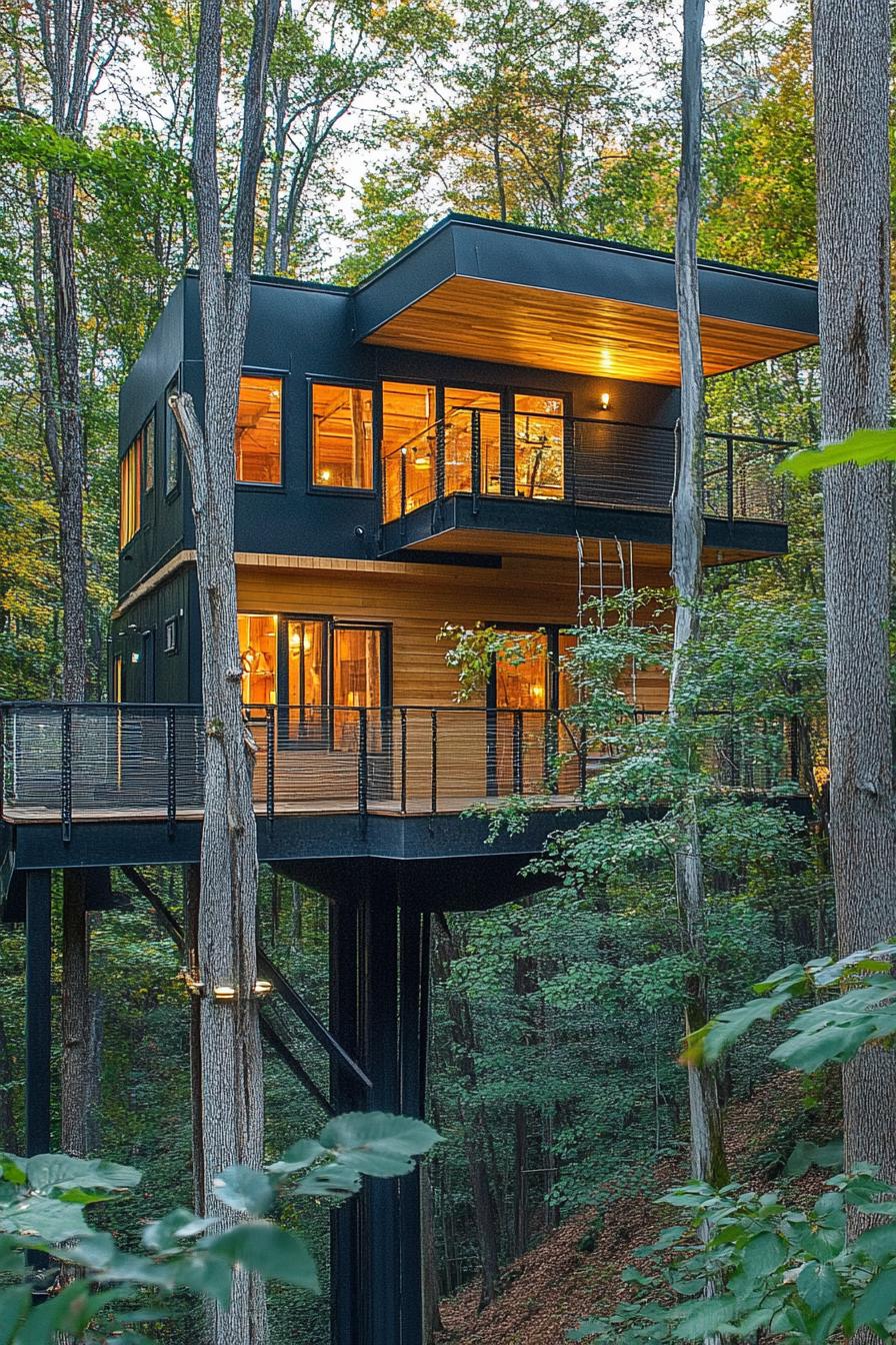 modern treehouse multi level house in the woods with stunning forest views