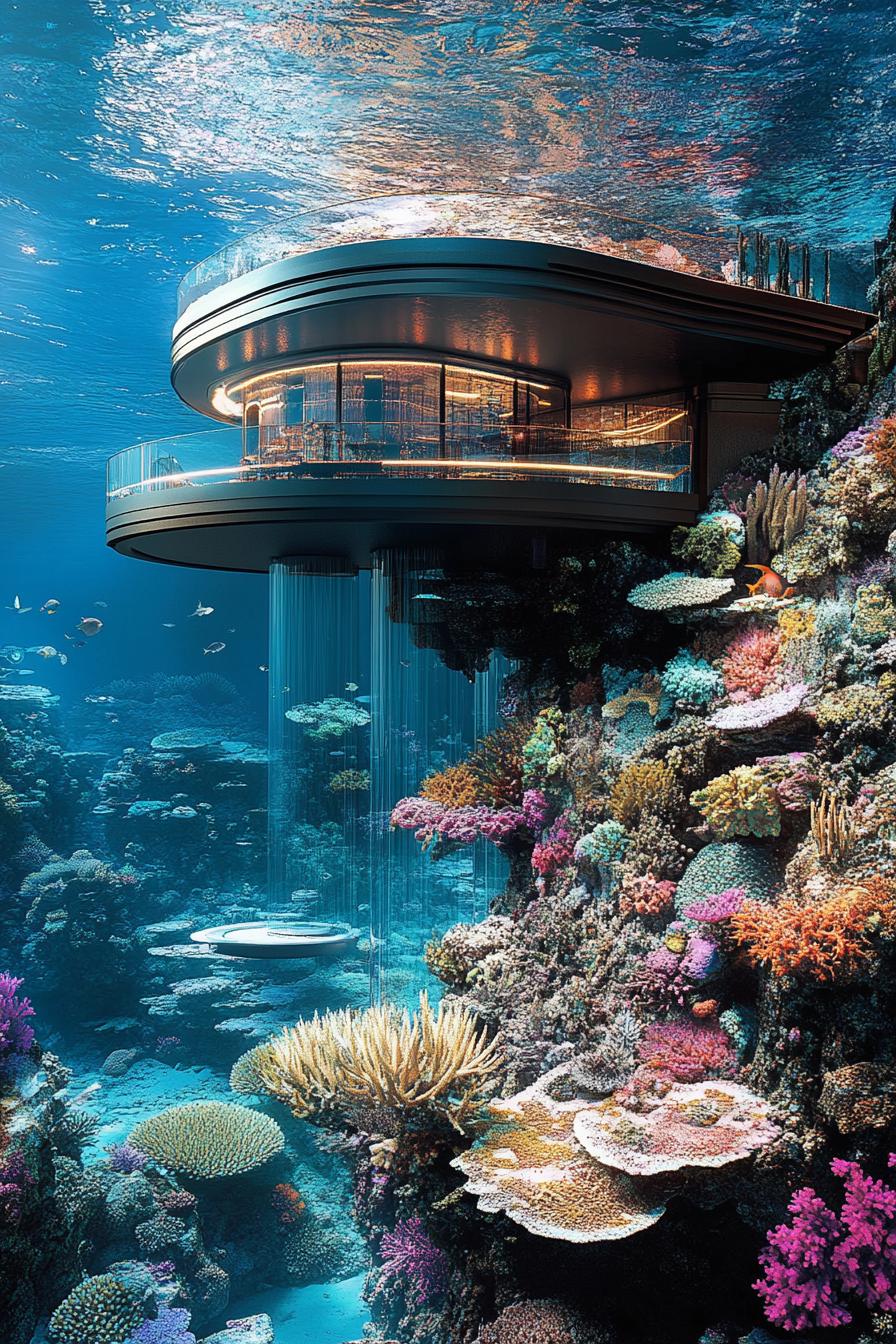 sea platform mansion with underwater facility with stunning underwater coral reef views