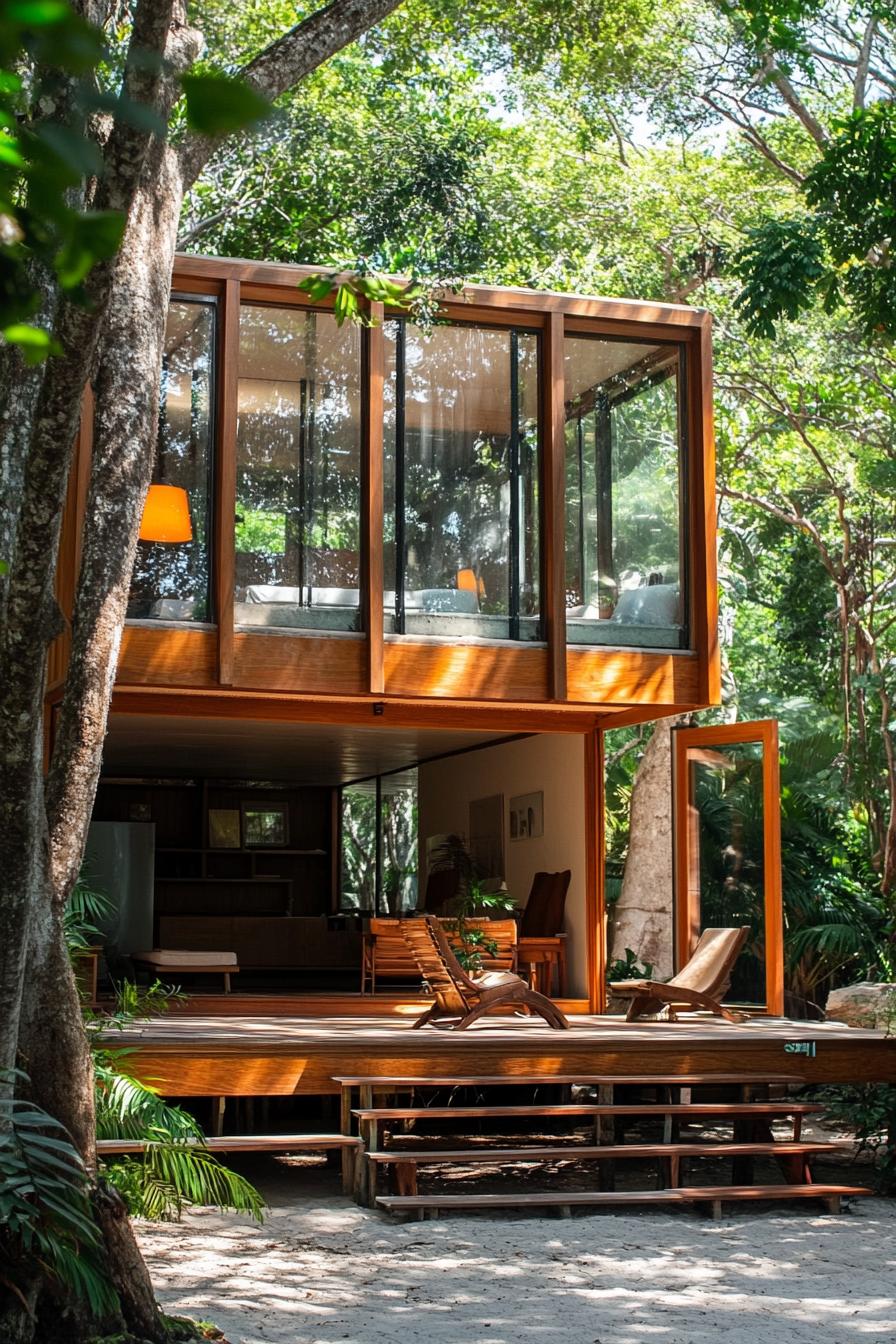 tiny mid century modern house facade of natural wood and glass tropical mangrove river in the background 1