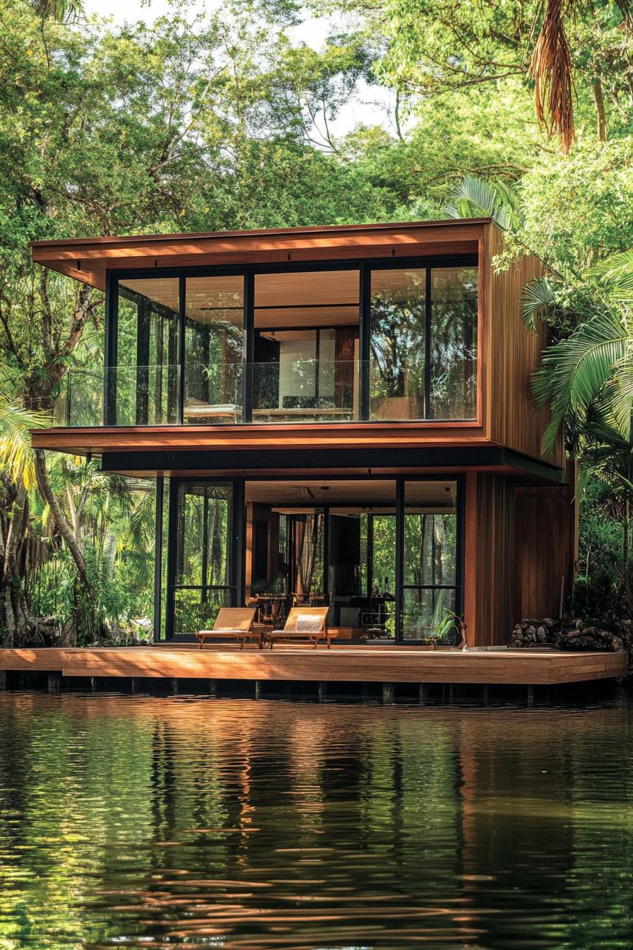 tiny mid century modern house facade of natural wood and glass tropical mangrove river in the background 2