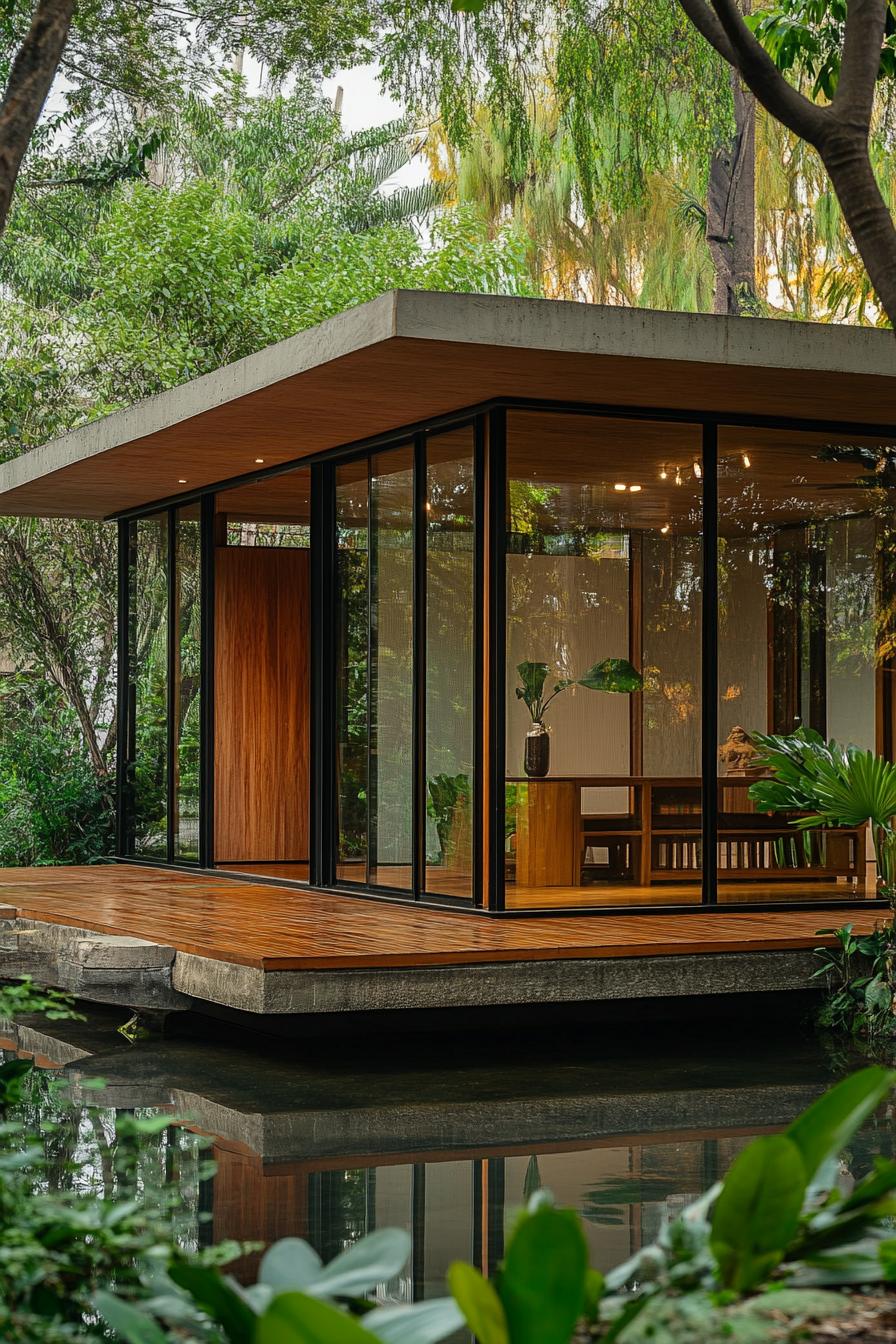 tiny mid century modern house facade of natural wood and glass tropical mangrove river in the background 3