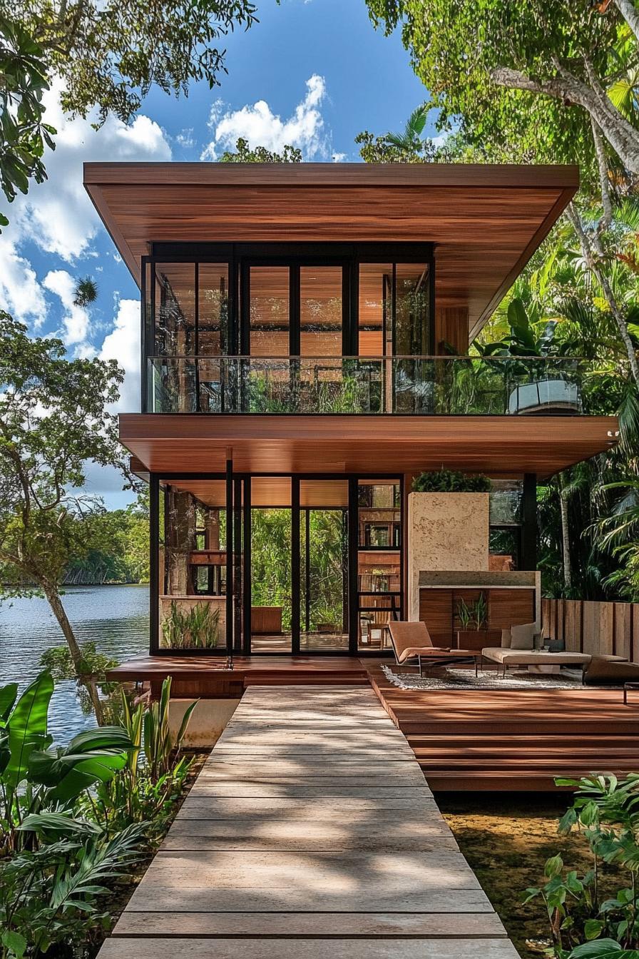 tiny mid century modern house facade of natural wood and glass tropical mangrove river in the background