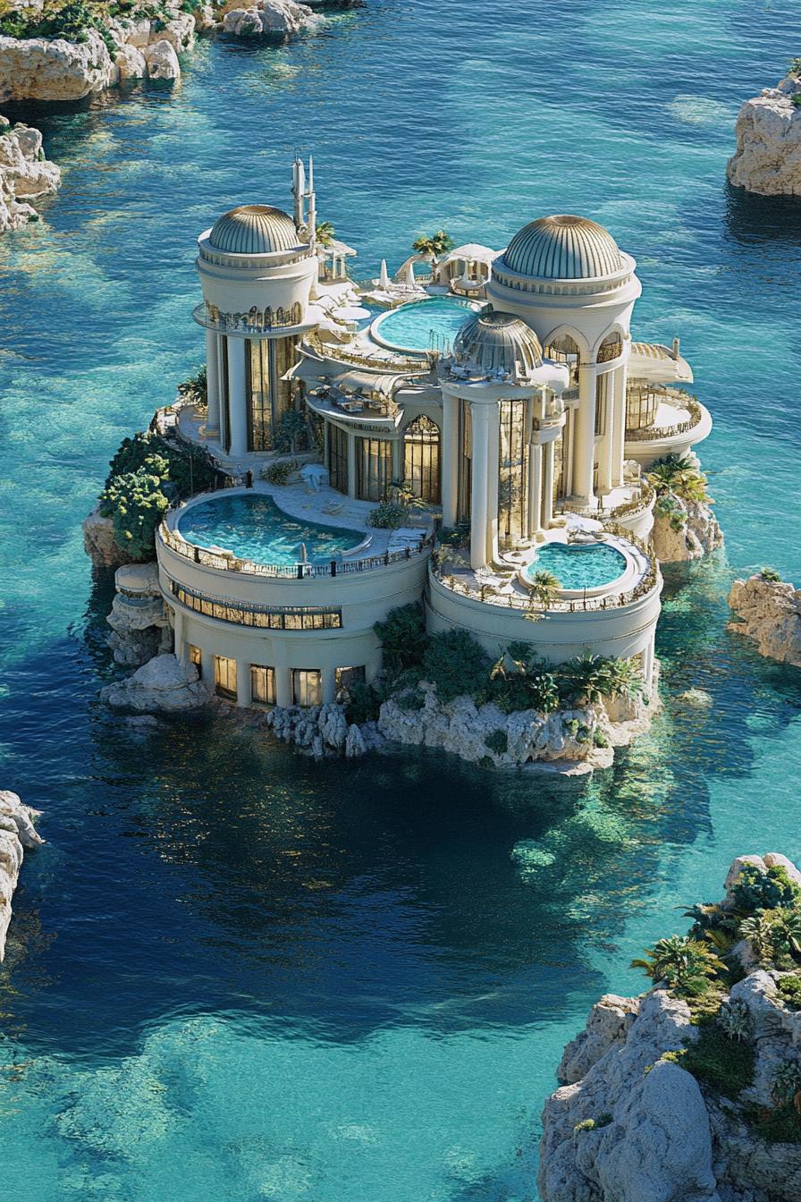 unique giant mansion on the ocean with pools gardens view from near above undertwater facilities can be vaguely seen through the water 1