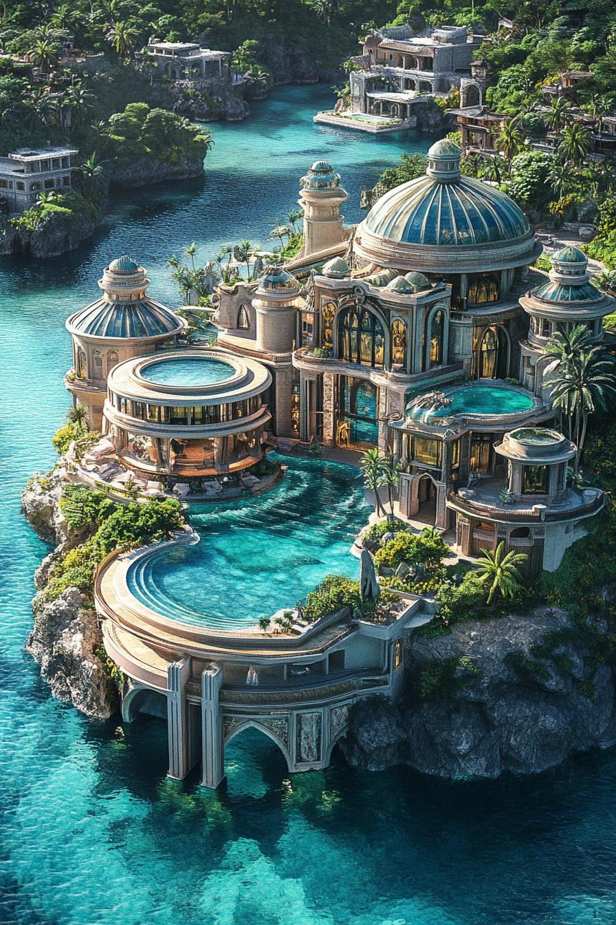 unique giant mansion on the ocean with pools gardens view from near above undertwater facilities can be vaguely seen through the water 2