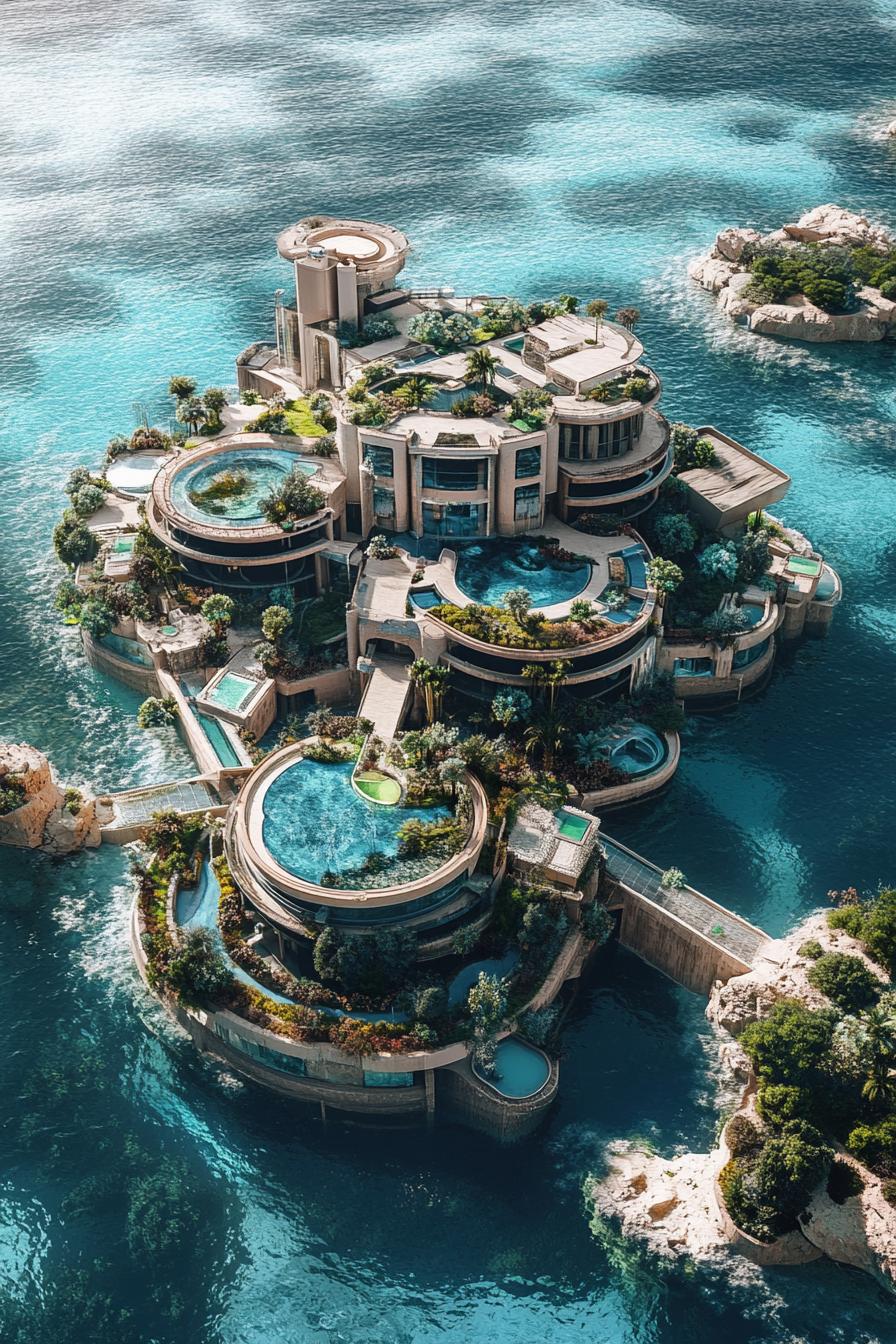 unique giant mansion on the ocean with pools gardens view from near above undertwater facilities can be vaguely seen through the water