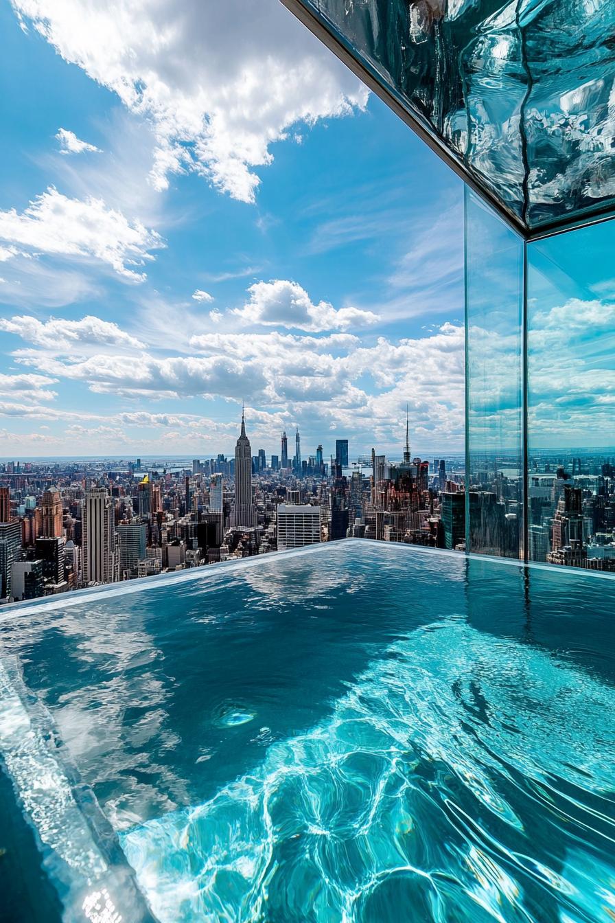 view from rooftop pool with transparent walls overlooking stunning city skyline