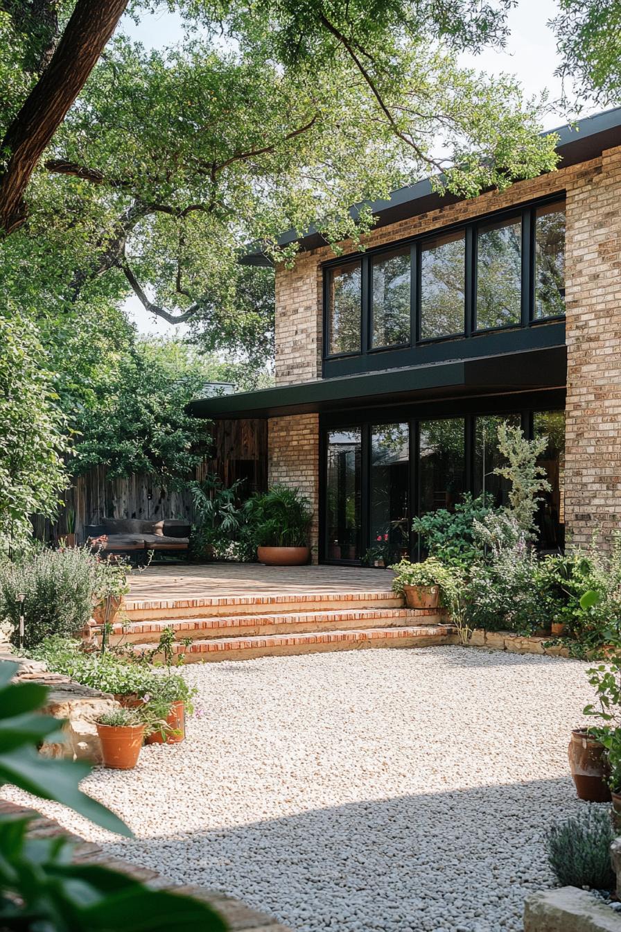 80s house exterior makeover facade with oversize windows gravel front yard garden 3