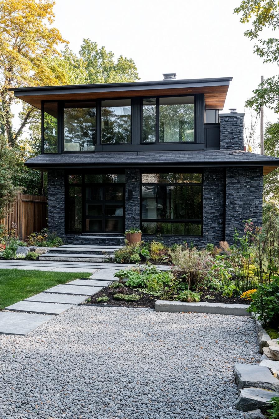 80s house exterior makeover facade with oversize windows gravel front yard garden