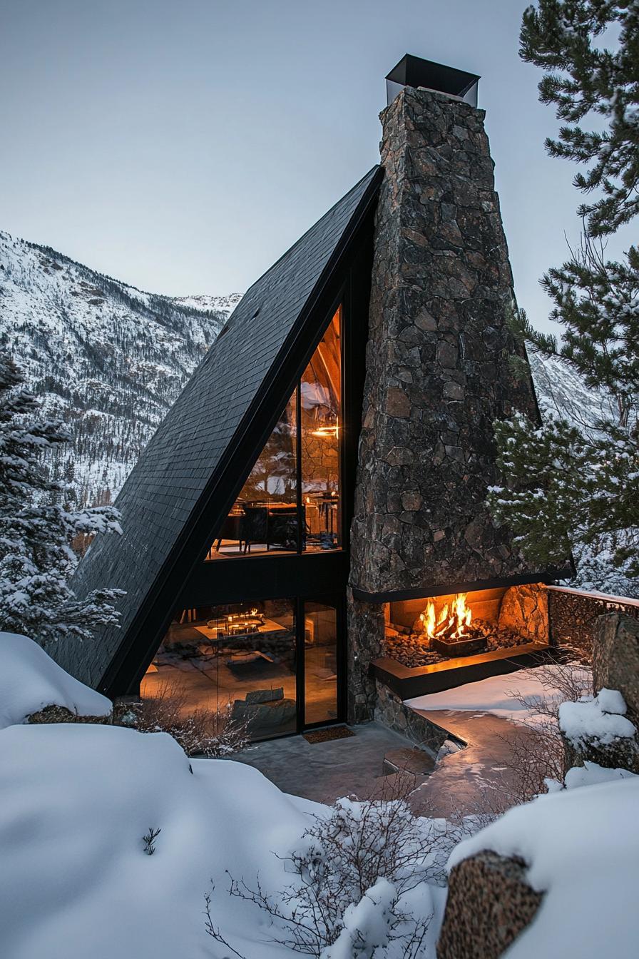 A frame modern mountain house with indoor and outdoor stone fireplace stunning snowy mountain views 1