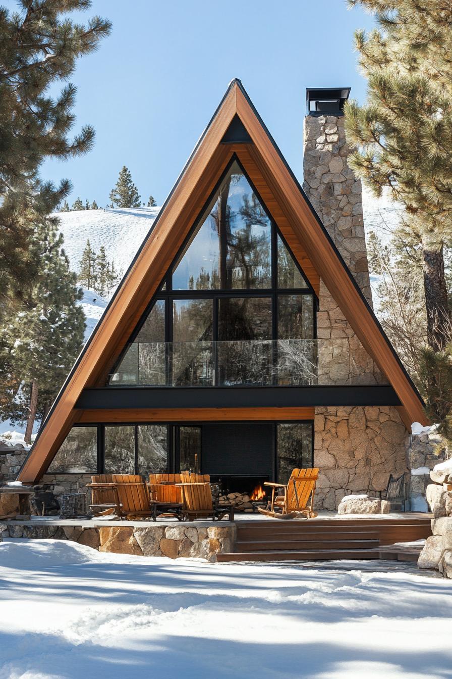 A frame modern mountain house with indoor and outdoor stone fireplace stunning snowy mountain views 2