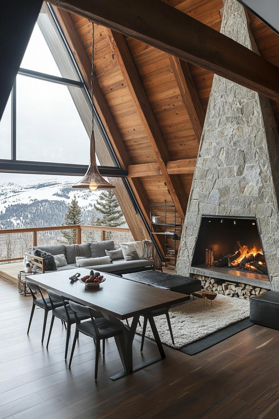 A frame modern mountain house with indoor and outdoor stone fireplace stunning snowy mountain views 3