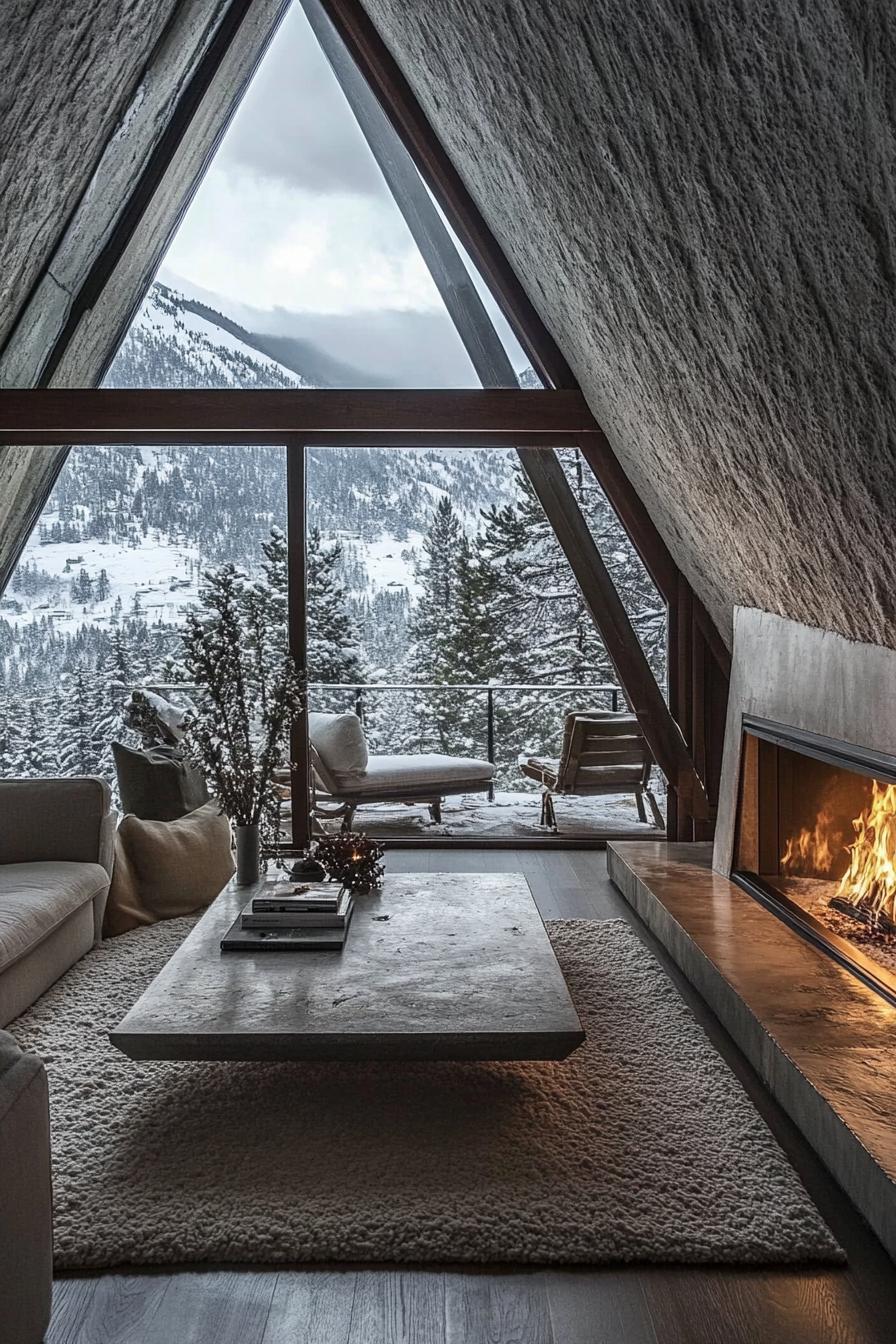 A frame modern mountain house with indoor and outdoor stone fireplace stunning snowy mountain views