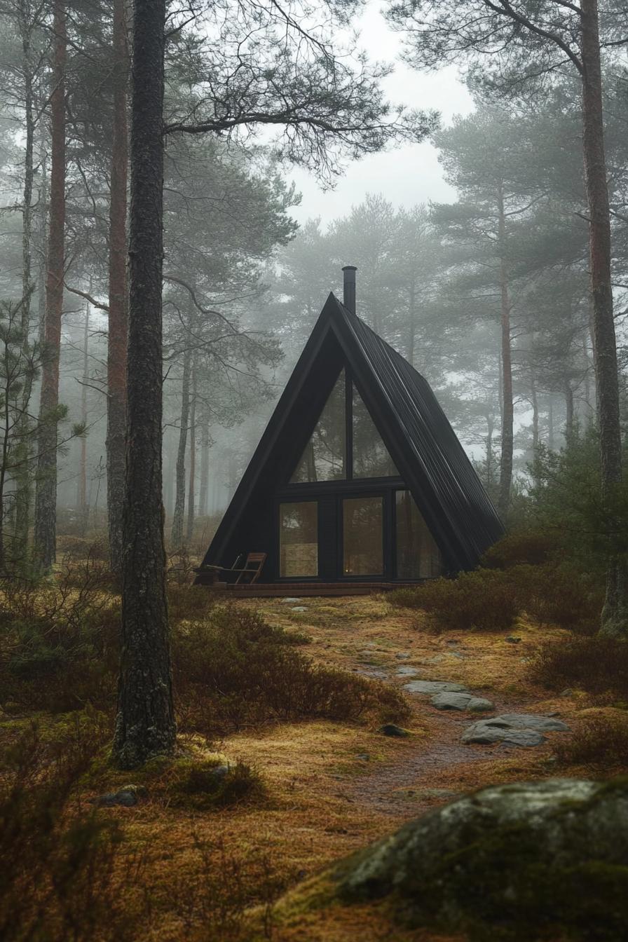 a frame timber prefab cabin house in a misty Scandinavian forest 1