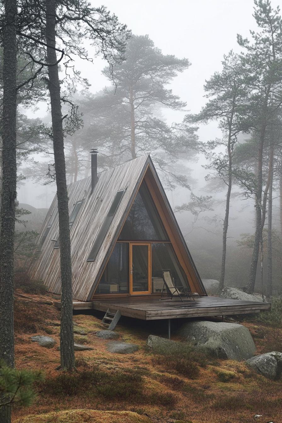 a frame timber prefab cabin house in a misty Scandinavian forest 2