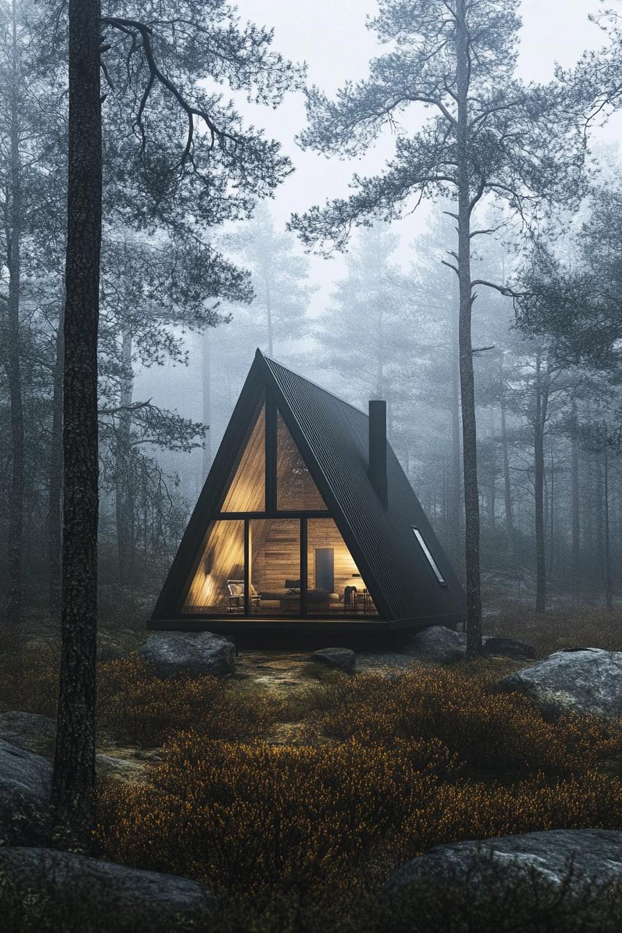 a frame timber prefab cabin house in a misty Scandinavian forest 3