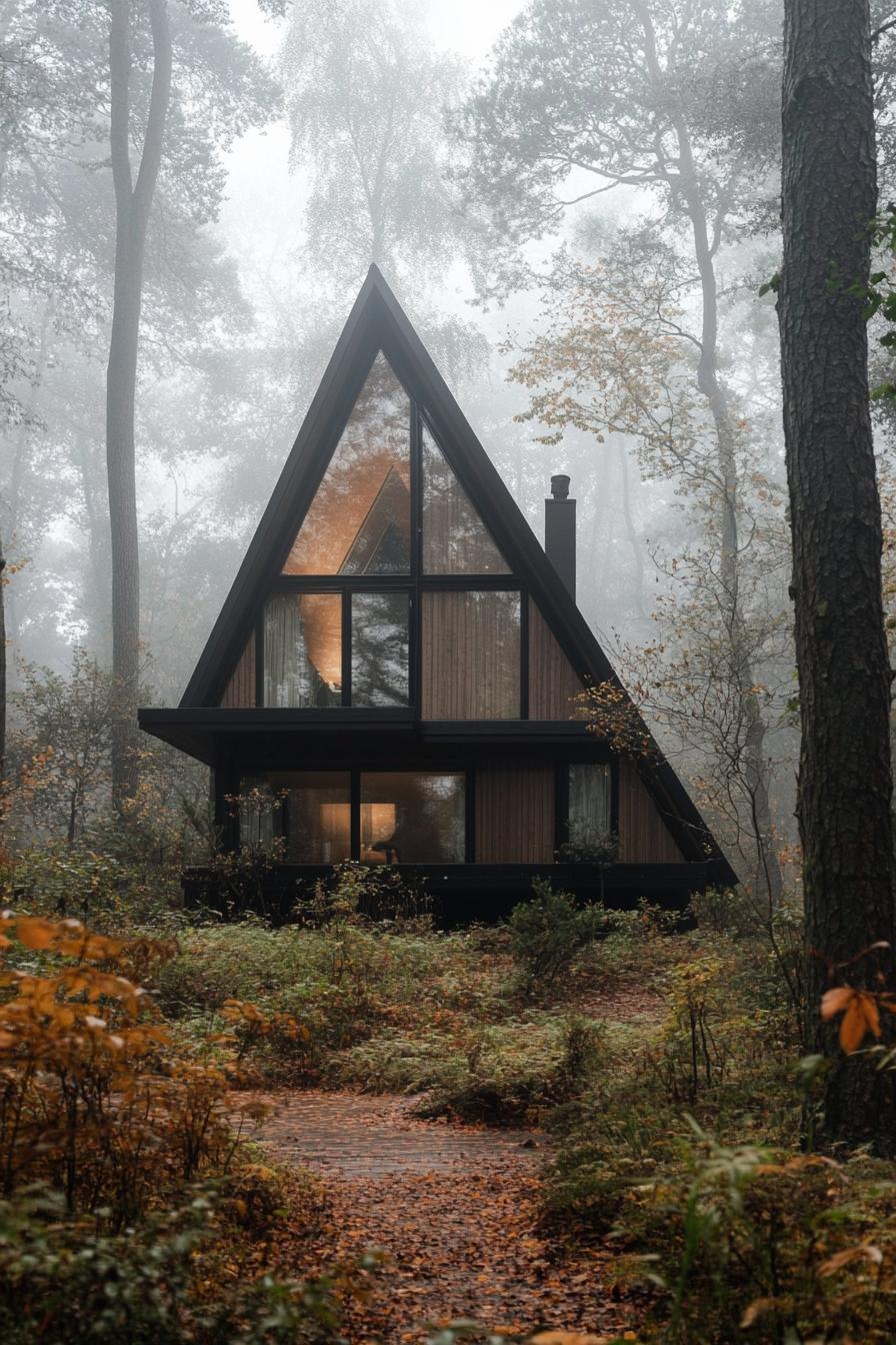 a frame timber prefab cabin house in a misty Scandinavian forest