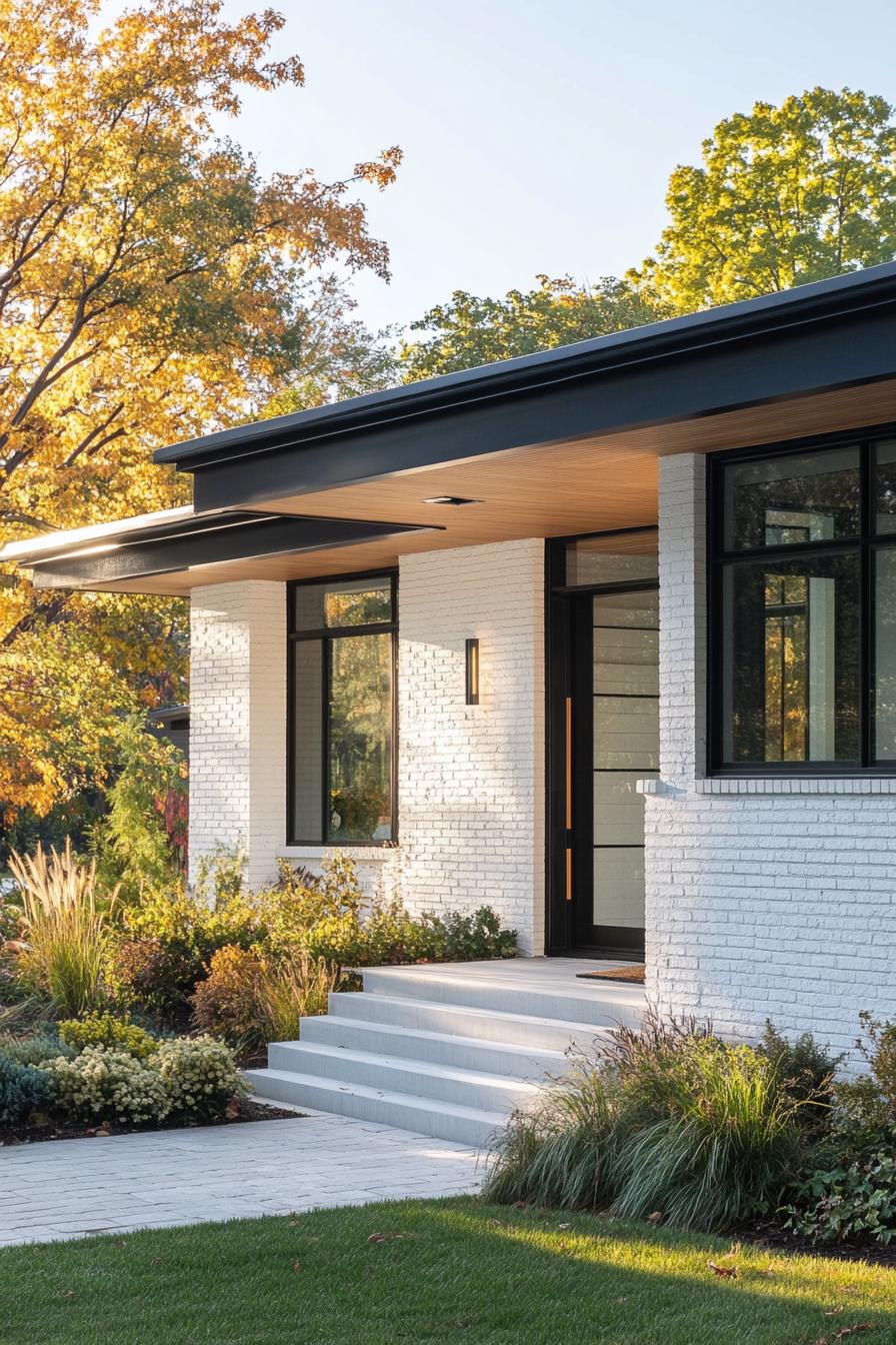 craftsman style mid century modern house facade with white painted bricks and metal accents on lakefront 1