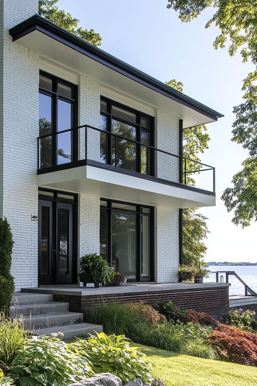 craftsman style mid century modern house facade with white painted bricks and metal accents on lakefront 2