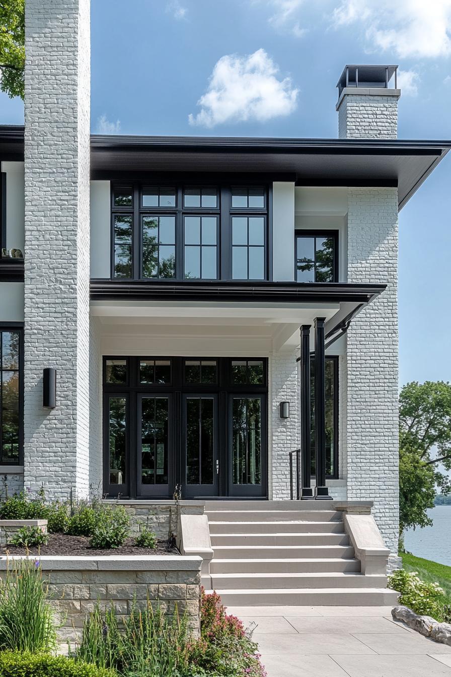 craftsman style mid century modern house facade with white painted bricks and metal accents on lakefront 3