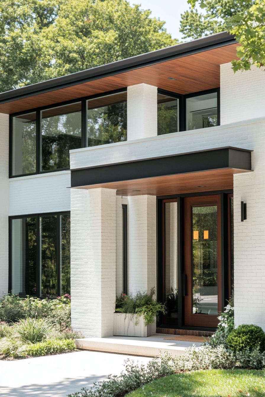 craftsman style mid century modern house facade with white painted bricks and metal accents on lakefront