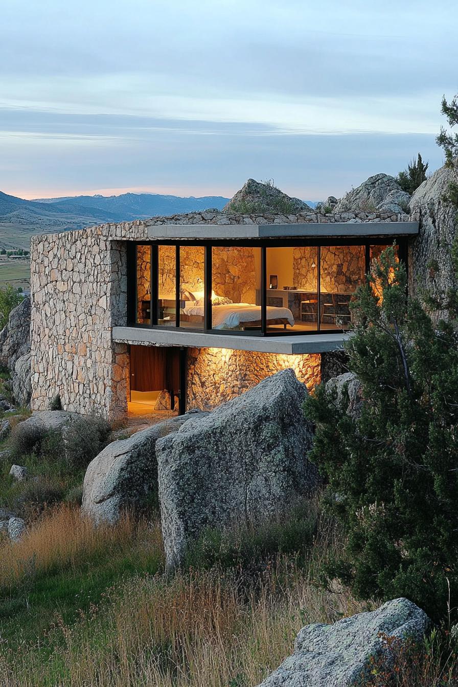 earth sheltered modern house stone facade built into hillside with overlooking stunning rocky mountains 1