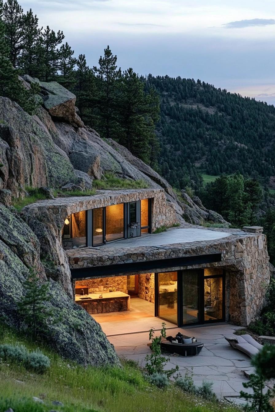 earth sheltered modern house stone facade built into hillside with overlooking stunning rocky mountains 2