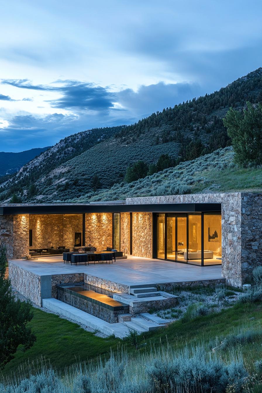 earth sheltered modern house stone facade built into hillside with overlooking stunning rocky mountains 3