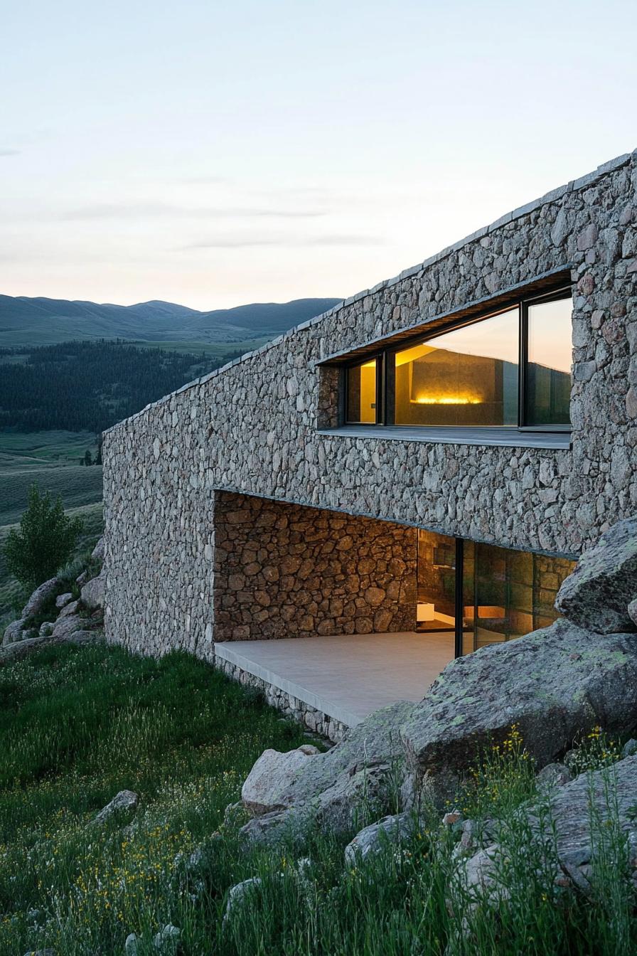 earth sheltered modern house stone facade built into hillside with overlooking stunning rocky mountains