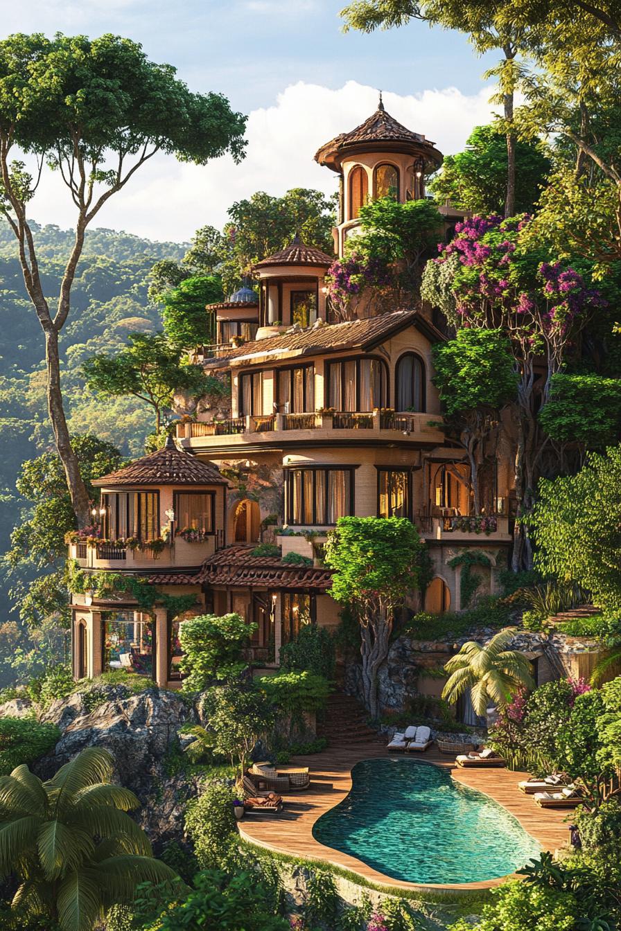 huge luxury mansion build high on trees in a lush tropical jungle 2