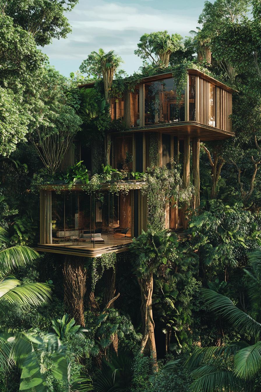 huge luxury mansion build high on trees in a lush tropical jungle 3