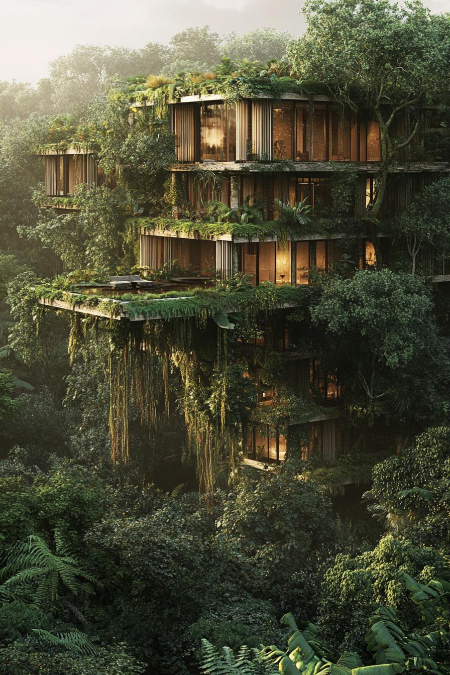 huge luxury mansion build high on trees in a lush tropical jungle